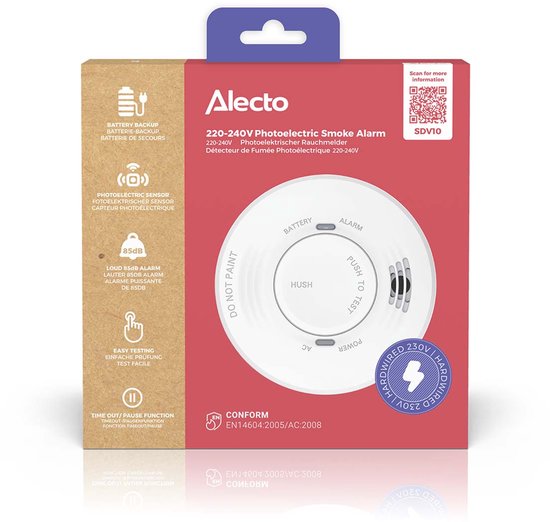 Alecto SDV10 Rookmelder - 230V Brandmelder op netstroom - Met Back-up Batterij - Wit