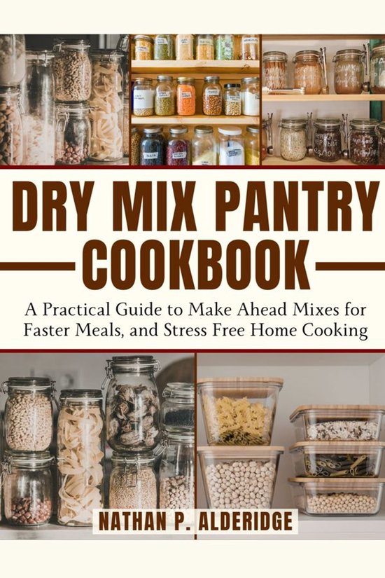 Couverture du livre 'Dry Mix Pantry Cookbook' avec des bocaux remplis de pâtes, haricots et céréales. Titre : DRY MIX PANTRY COOKBOOK. Sous-titre : Un guide pratique pour préparer des mélanges à l'avance pour des repas plus rapides et une cuisine maison sans stress.