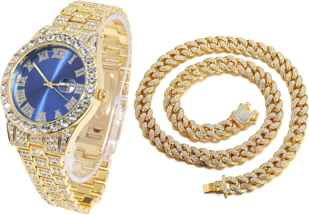 Diamant Gouden Horloge voor Heren - Luxe 18K Verguld met Armband en Cubaanse Ketting