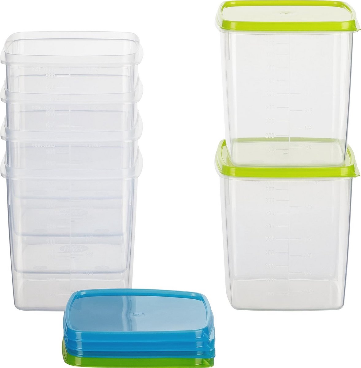 Set van 6 vierkante vershoud- en vriesdozen 1L met deksels in blauw en groen