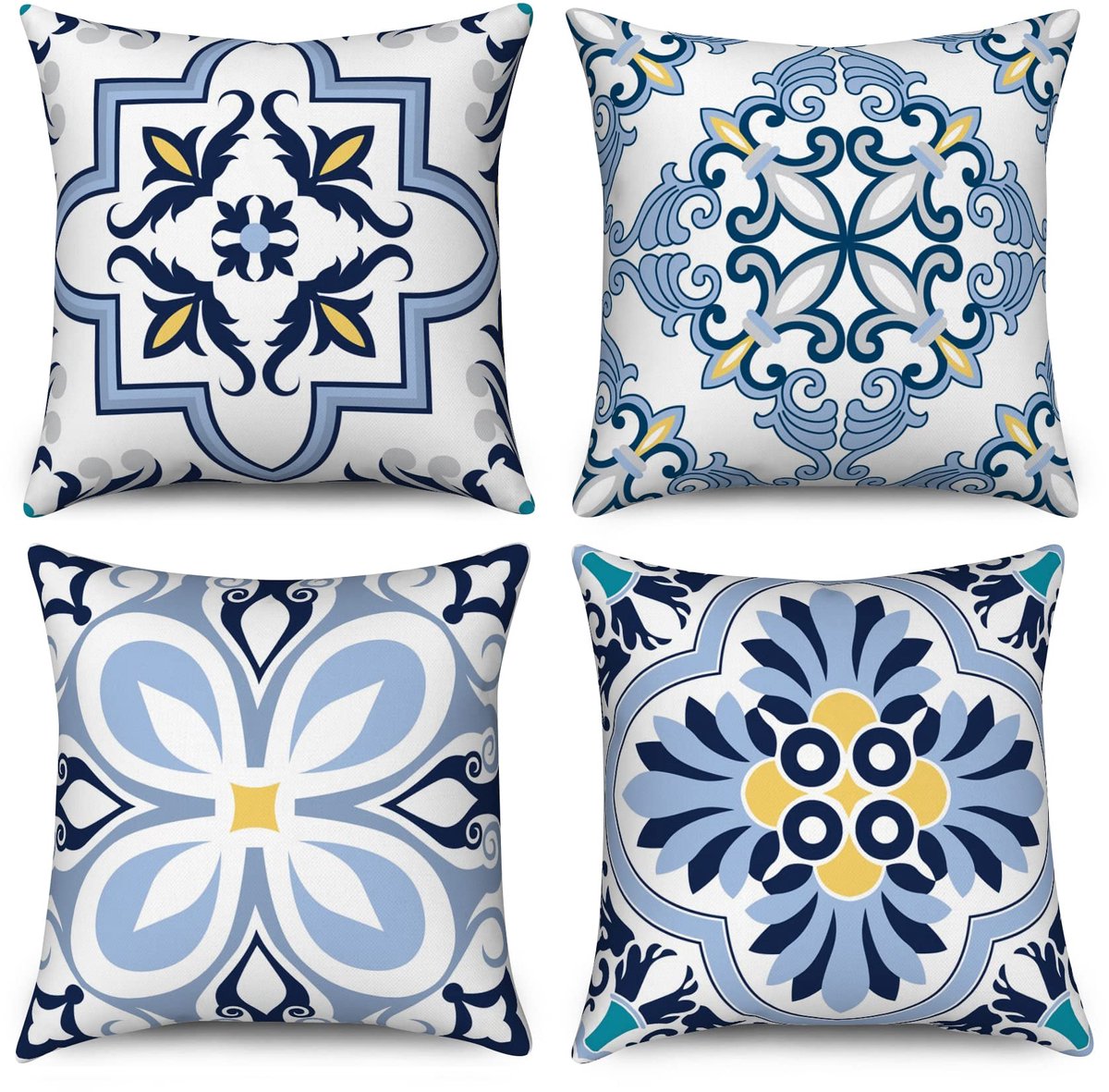 Unyqoos Set van 4 decoratieve kussenslopen met boho-geometrische prints in blauw en geel