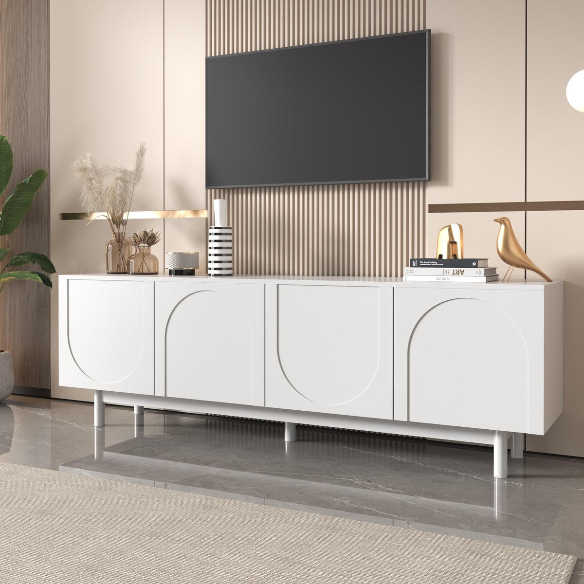 STILVORA TV-Meubel - Wit TV-Kast Met Druk-Open Deuren En Verstelbare Planken - Massief Houten Poten - Spaanplaat - 175x38x56 cm