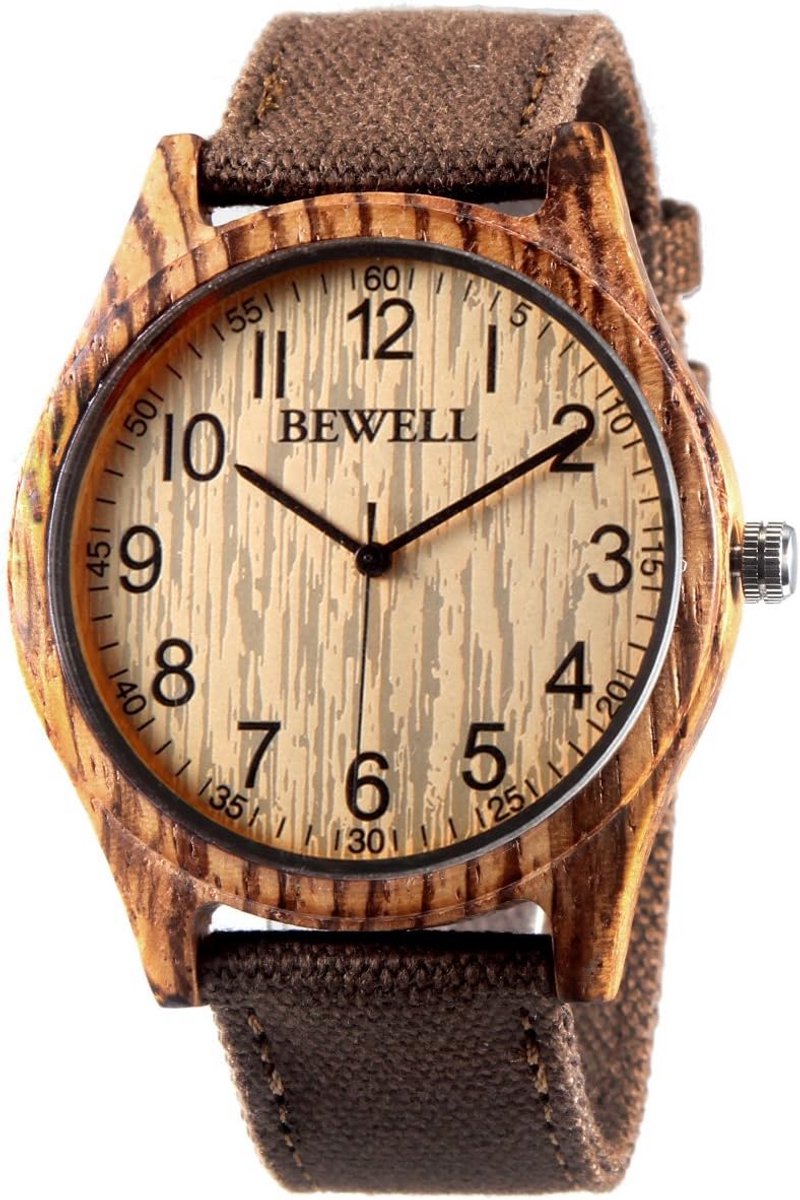 Houten Horloge voor Heren en Dames met Natuurlijke Zebra Hout Kast en Stoffen Band