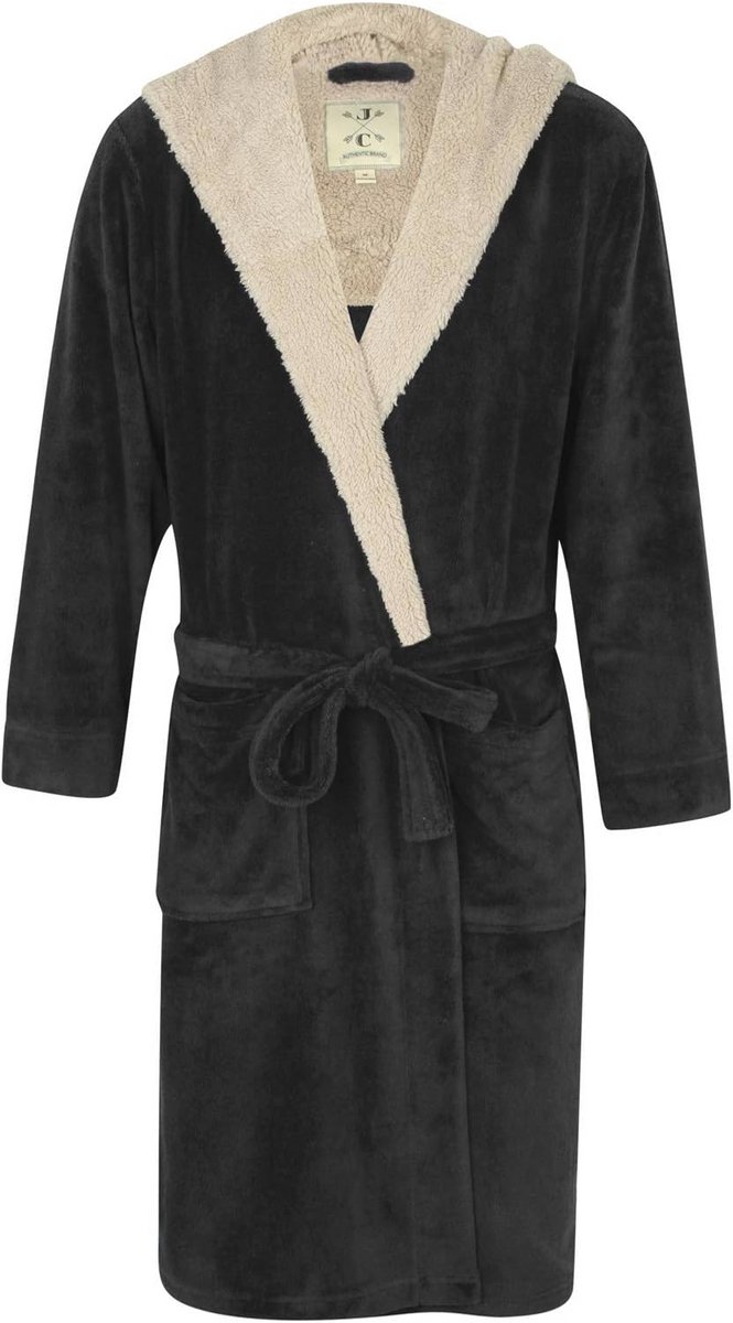 Heren Fleece Badjas met Kap Zwart/ Lichtgrijs