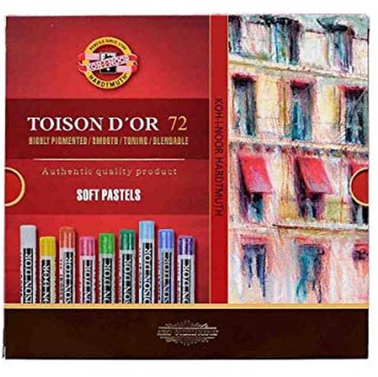 Doos met Koh-I-Noor Toison d'Or 72 soft pastels, met afbeelding van huizen.