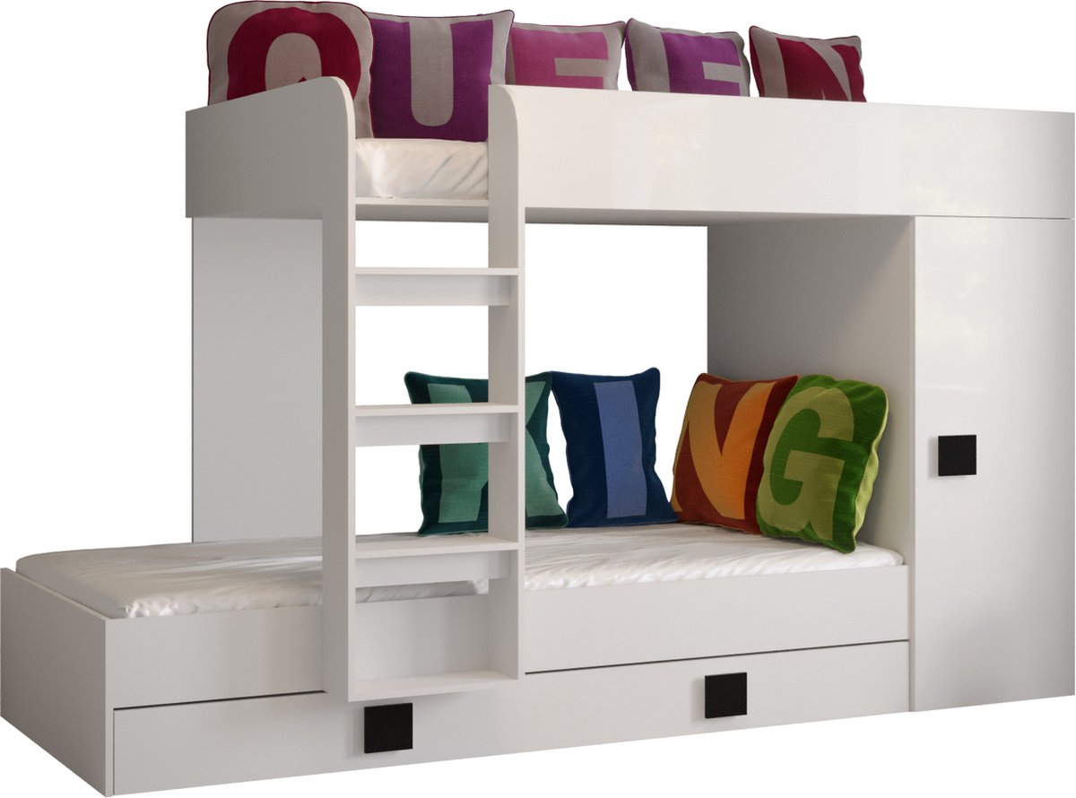 Stapelbed LEDO 2 - Antresola - 90X200 cm - naar de Kinderkamer - Wit + Zwarte handvatten (zonder Matras)
