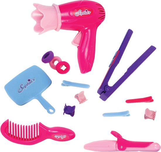 Een roze föhn, paarse stijltang, roze kam, blauw borsteltje, haarelastiekjes en knipjes.