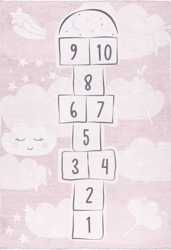 Tapis Enfant, Poils Ras, Tapis de Jeux Kids , Chambre d'enfant, Lavable, Antidérapant, Marelle, Etoiles, Nuages, Rose - 195cm x 280cm
