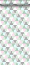 ESTAhome behangpapier driehoekjes roze, mintgroen en grijs - 128706 - 53 cm x 10,05 m