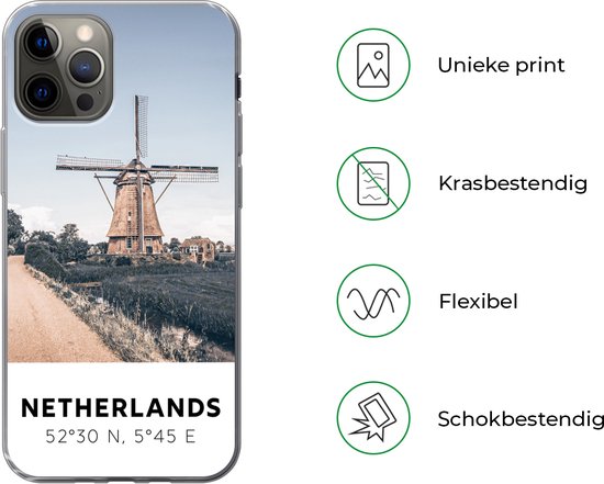 Coque iPhone 13 Pro - Pays- Nederland - Moulin à vent - Pâturage - Coque en Siliconen téléphone