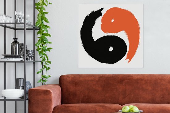 Une illustration du logo Yin et Yang en toile de couleur noir et orange 90x90 cm - Tirage photo sur toile (Décoration murale salon / chambre)