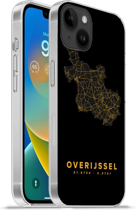 Geschikt voorApple Iphone 14 Plus - Soft case hoesje - Overijssel - Nederland - Black and gold - Siliconen Telefoonhoesje