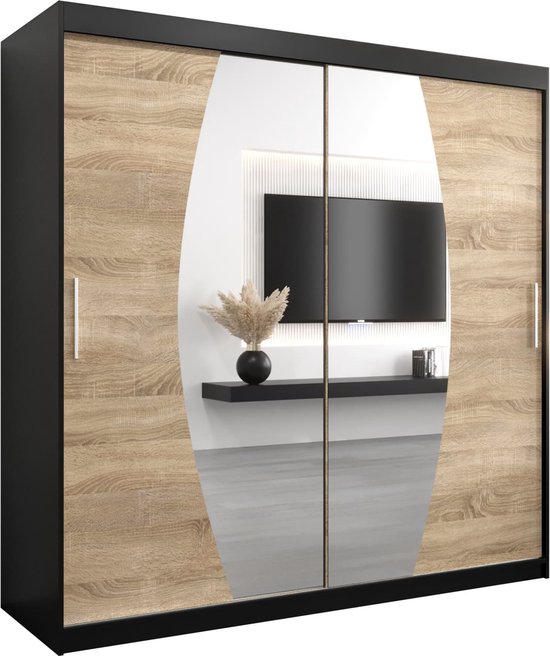 Kast met twee schuifdeuren: één spiegeldeur, één deur met houtnerfdecor. Zwarte omranding. Interieur met televisie en decoratie.