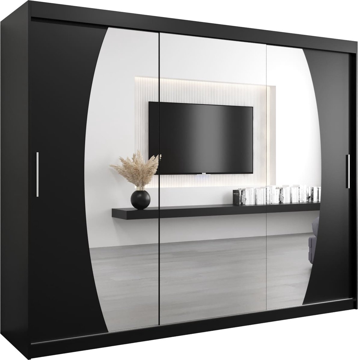 InspireME Kledingkast met 3 schuifdeuren, Modern-stijl, Een kledingkast met planken en een spiegel (BxHxD): 250x200x62 - GLOBE 250 Zwart Mat