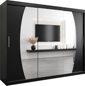 InspireMe - Kledingkast met 3 schuifdeuren, Modern-stijl, Een kledingkast met planken en een spiegel (BxHxD): 250x200x62 - GLOBE 250 Zwart Mat