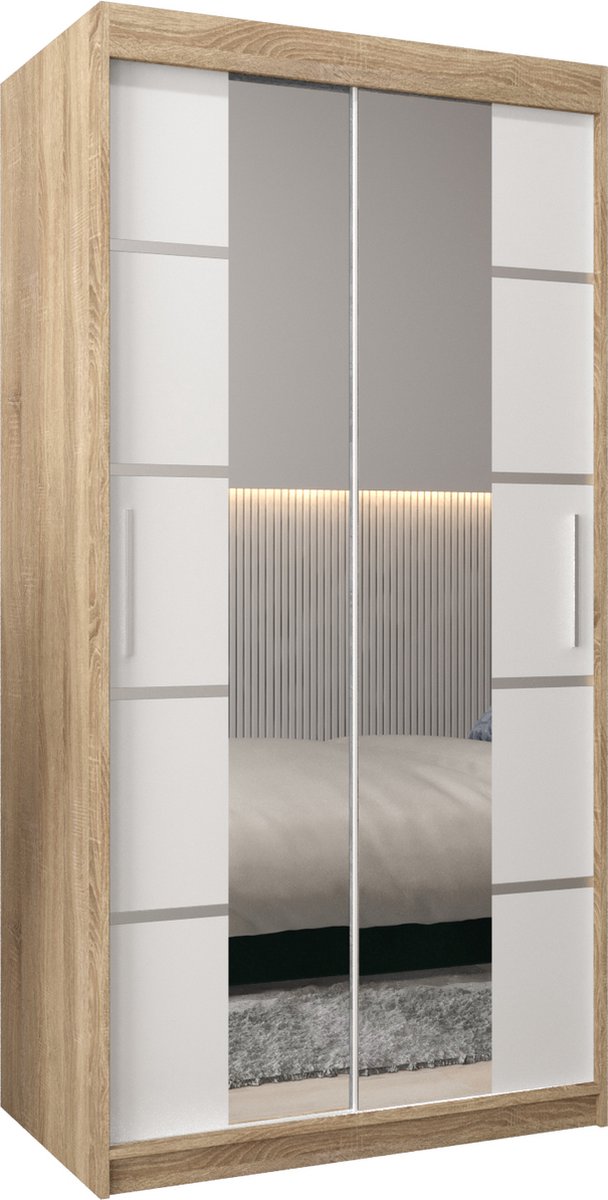 InspireME Kledingkast met 2 schuifdeuren, Modern-stijl, Kledingkast met planken (BxHxD): 100x200x62 - VENTILA IV 100 Sonoma Eik + Wit Mat