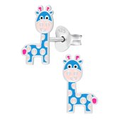 Oorbellen meisje | Zilveren kinder oorbellen | Zilveren oorstekers, blauwe giraf met roze vlekken