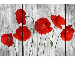 Fotobehangkoning - Behang - Vliesbehang - Fotobehang Klaprozen op Houten Planken - 200 x 140 cm