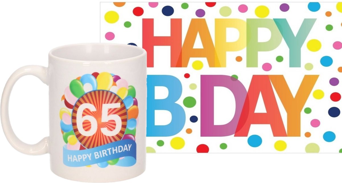 Verjaardag cadeau mok/beker 65 jaar print 300 ml + A5-size wenskaart Happy Birthday
