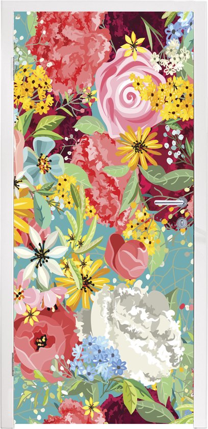 Deursticker Een kleurrijke bloemdessin illustratie - 95x235 cm - Deurposter
