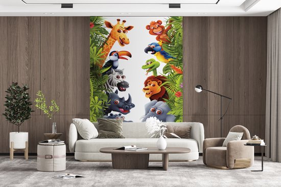 Behang babykamer - Fotobehang Jungle - Dieren - Jongens - Meisjes - Giraf - Olifant - Kids - Breedte 160 cm x hoogte 240 cm