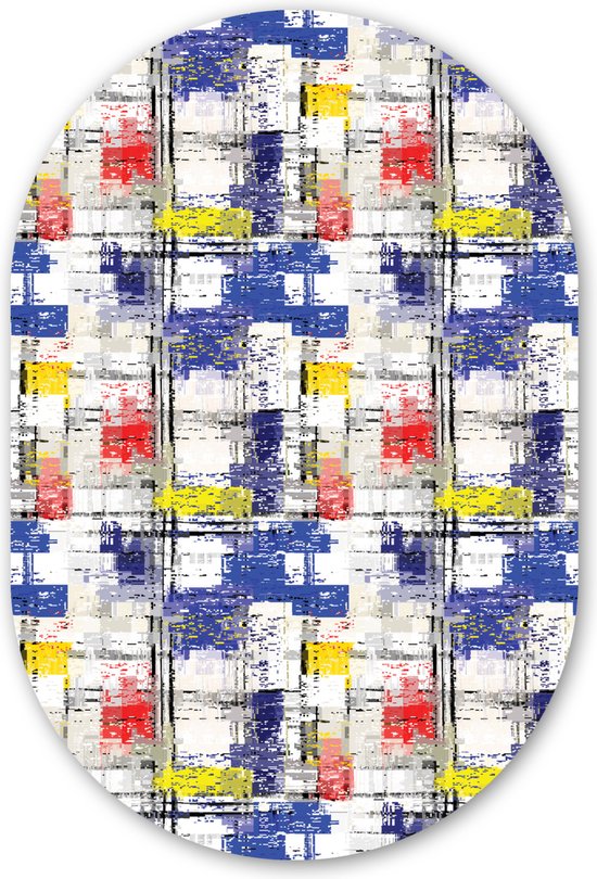Muurovaal - Kunststof Wanddecoratie - Ovalen Schilderij - Mondriaan - Geel - Rood - Blauw - Wit - 80x120 cm - Ovale spiegel vorm op kunststof