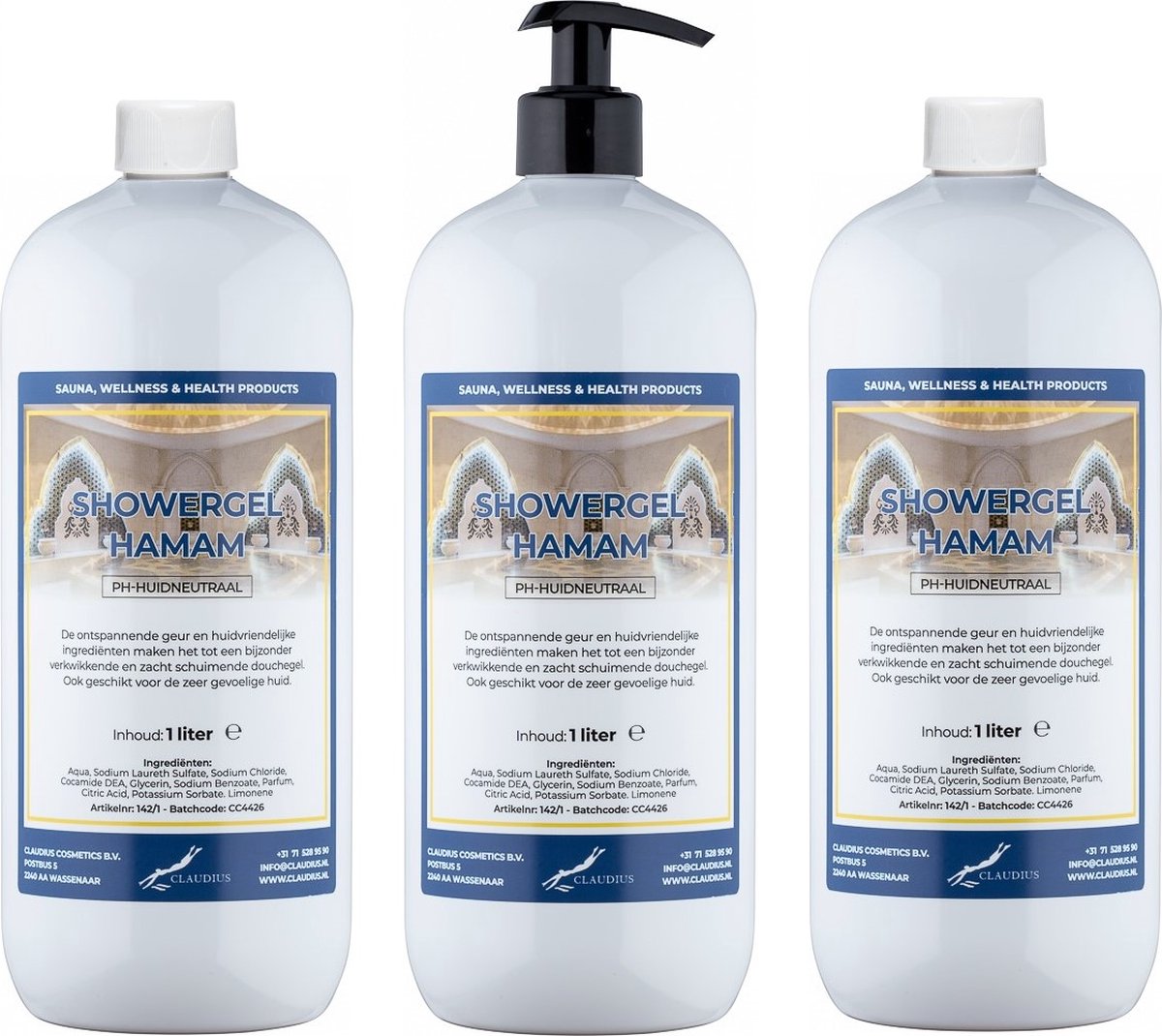 Goedkoopste Douchegel Hamam 1 liter - set van 3 stuks - met gratis pomp - Showergel