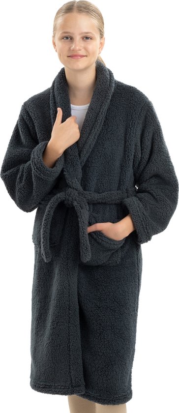 HOMELEVEL zijdezachte badjas voor kinderen - Kinderbadjas sherpa fleece - Voor jongens en meisjes - Zwart - Maat 158/164