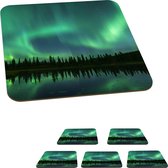 Onderzetters voor glazen - Noorderlicht - Bomen - Water - Alaska - 10x10 cm - Glasonderzetters - 6 stuks