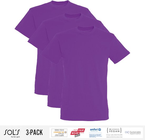 3 Pack Sol's Heren T-Shirt 100% biologisch katoen Ronde hals Paars Maat M