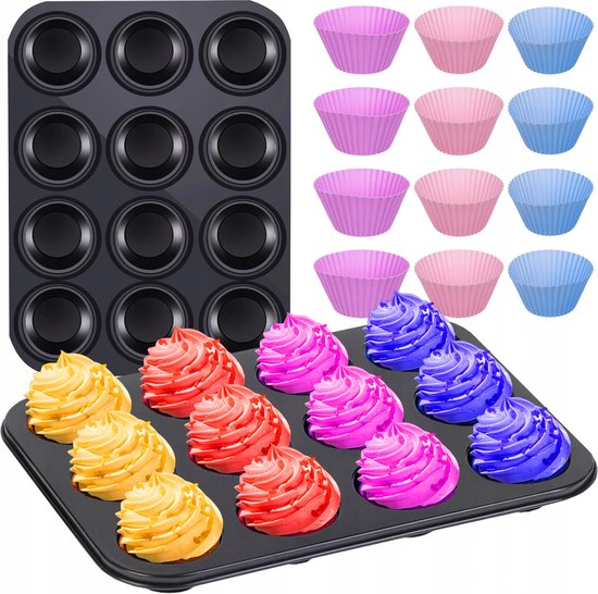 Bakplaat & Muffinvormen - Teflon Plaat - 12 Siliconen Cupcake Vormen - Herbruikbaar - Anti Aanbak laag - Rheme