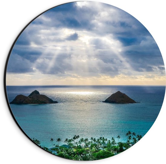 WallClassics - Dibond Muurcirkel - Uitzicht over Strand en Zee - Lanikai Beach - Hawaï - 20x20 cm Foto op Aluminium Muurcirkel (met ophangsysteem)