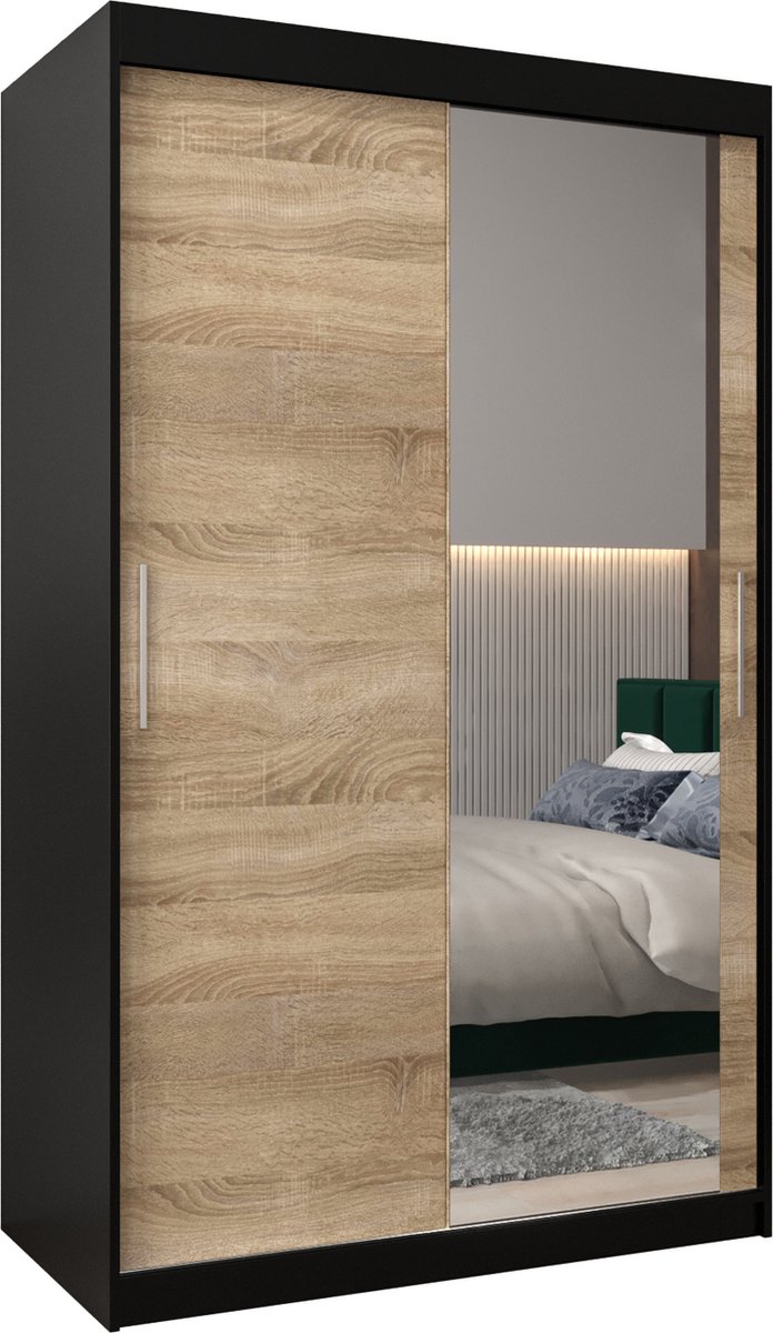 InspireME Kledingkast met 2 schuifdeuren, Modern-stijl, Kledingkast met planken (BxHxD): 120x200x62 - TORM II 120 Zwart Mat + Sonoma Eik