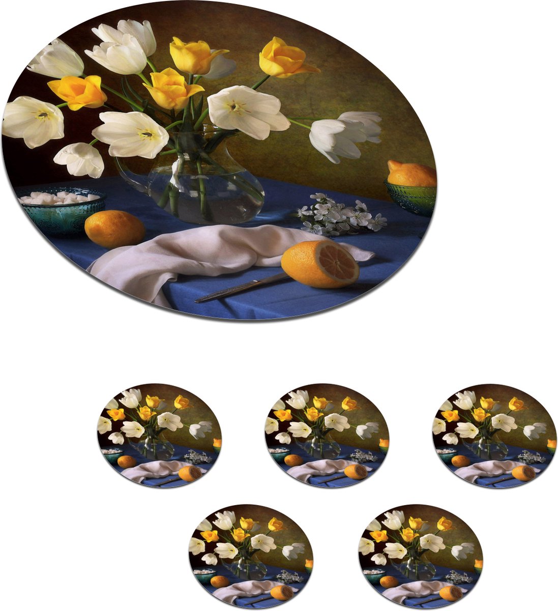 Onderzetters voor glazen - Rond - Stilleven - Vaas - Fruit - 10x10 cm - Glasonderzetters - 6 stuks