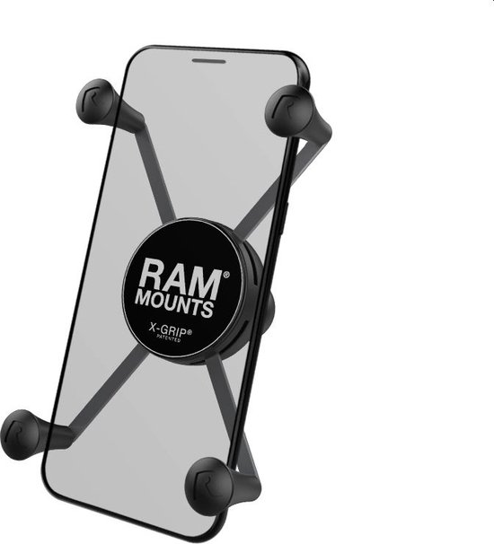 Zwarte RAM Mounts X-Grip houder met transparant scherm.