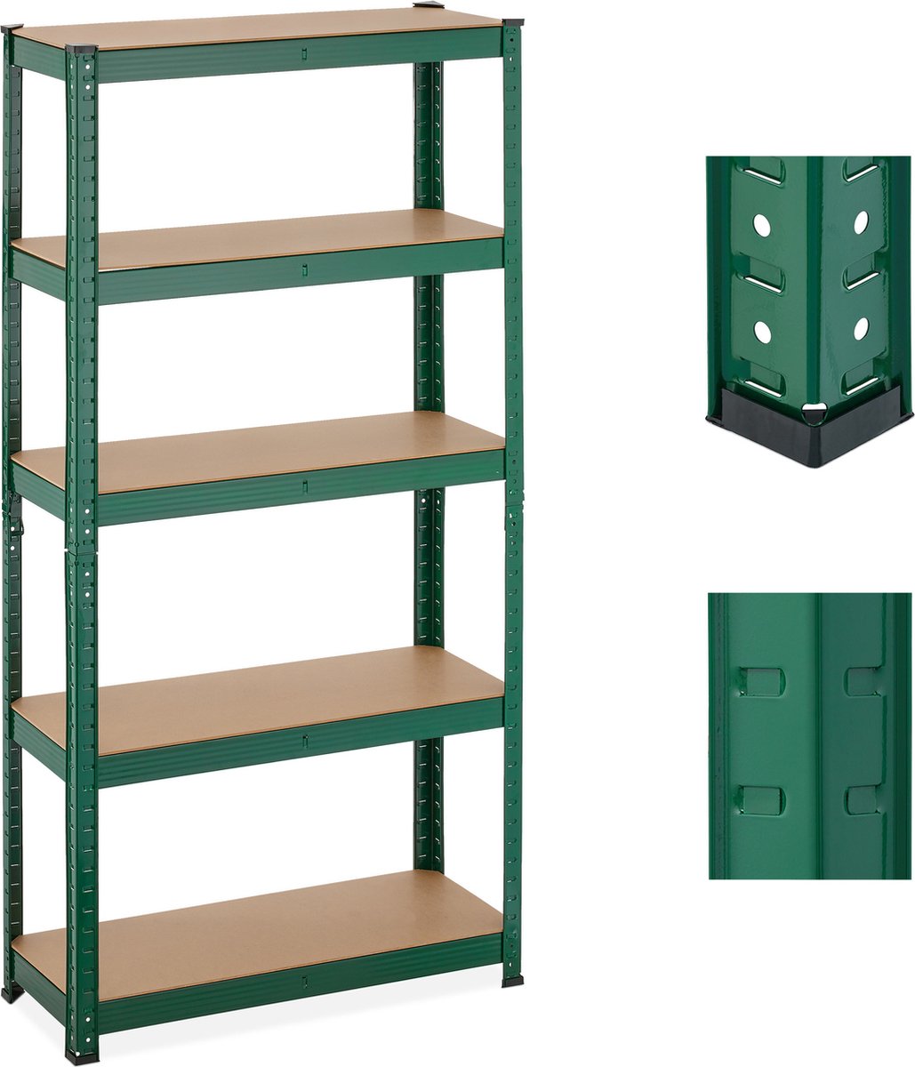 Relaxdays stellingkast staal -150 cm hoog - 5 planken - groen - stellingrek berging