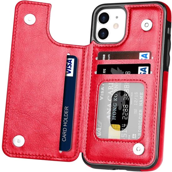 Étui portefeuille ShieldCase adapté pour Apple iPhone 12 / 12 Pro - 6,1 pouces - rouge + protecteur d'écran en verre