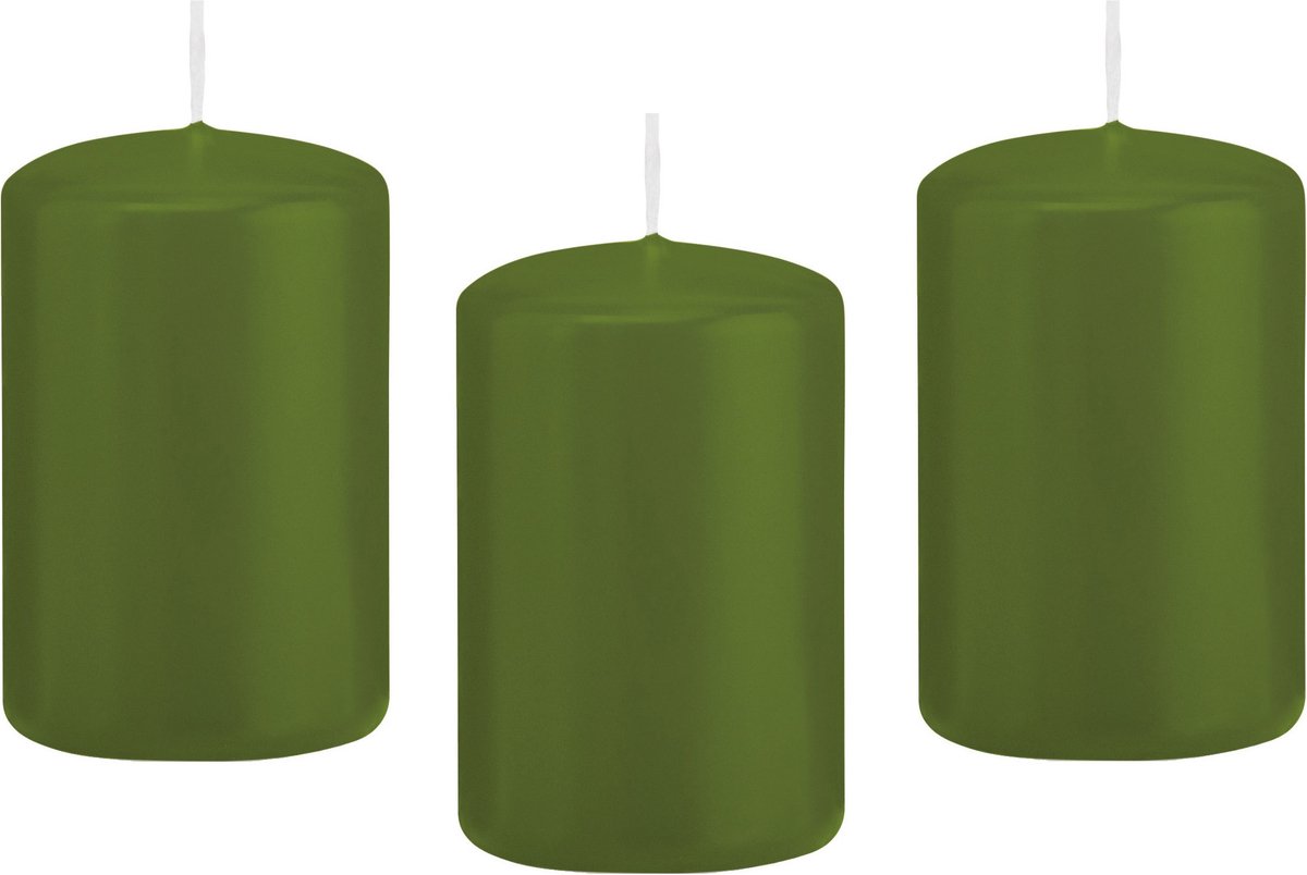 Trend Candles Cilinderkaars/stompkaars - 8x - olijfgroen - 5 x 8 cm - 18 branduren - met brandvertragende folie
