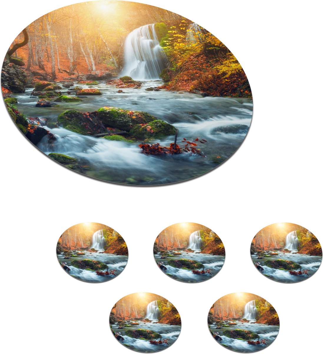 Onderzetters voor glazen - Rond - Waterval - Zon - Herfst - 10x10 cm - Glasonderzetters - 6 stuks