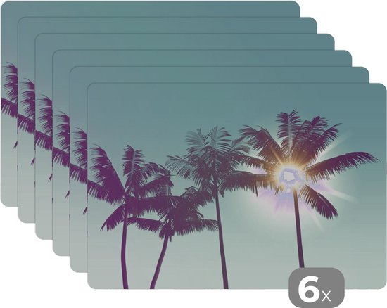 Set de Table - Napperons en Plastique - Palmiers - Été - Soleil - 45x30 cm - 6 Pièces - Résistant à la Chaleur - Antidérapant - Pad - Amovible