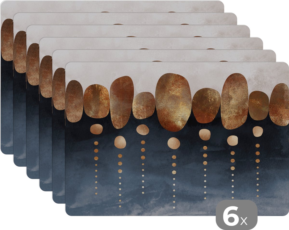 Placemat - Cirkel - Goud - Blauw - Abstract - Placemats - Onderleggers - 45x30 cm - 6 stuks