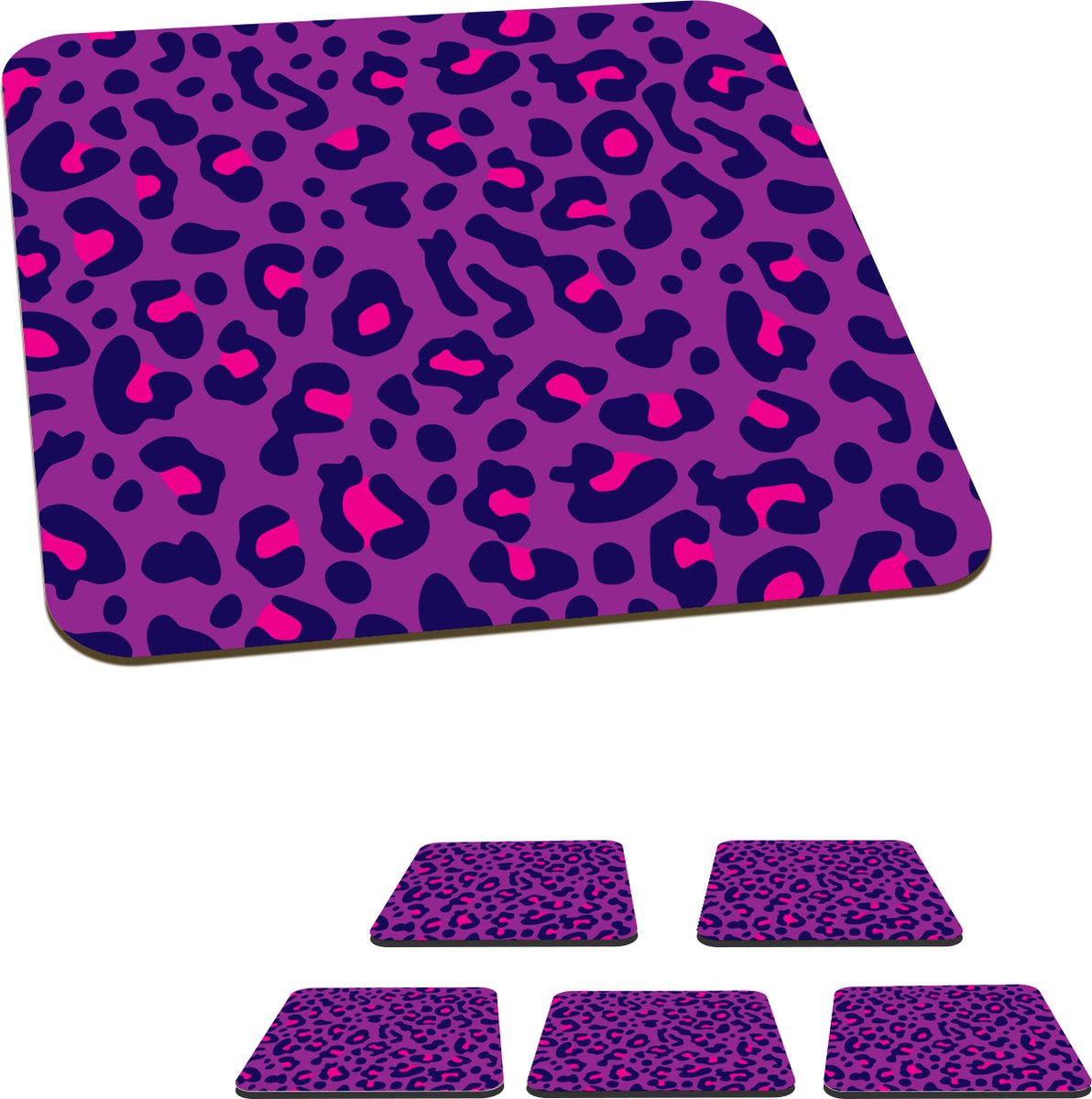 Onderzetters voor glazen - Panterprint - Paars - Roze - 10x10 cm - Glasonderzetters - 6 stuks