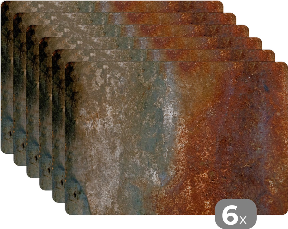 Placemat - Placemats kunststof - Staal - Roest - Oud - Oranje - Grijs - Patroon - Abstract - 45x30 cm - 6 stuks - Hittebestendig - Anti-Slip - Onderlegger - Afneembaar