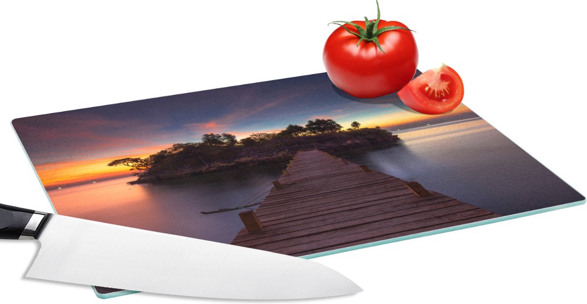 Glazen Snijplank - 28x20 - Zonsondergang - Brug - Bomen - Water - Eiland - Snijplanken Glas