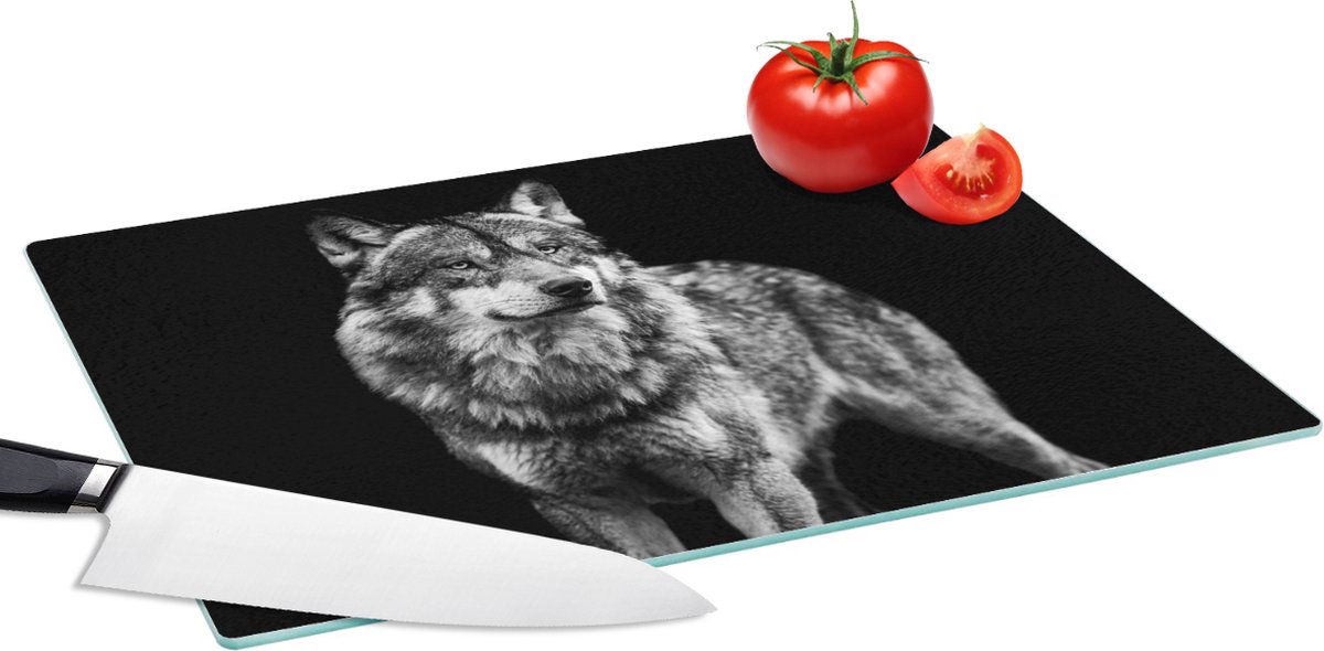 Glazen Snijplank - 39x28 - Wolf - Dieren - Wild - Zwart - Wit - Snijplanken Glas