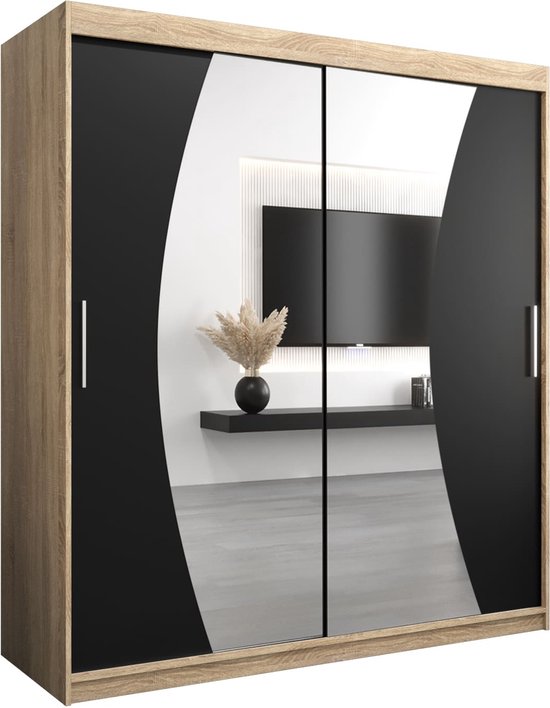 InspireMe - Kledingkast met 2 schuifdeuren, Modern-stijl, Een kledingkast met planken en een spiegel (BxHxD): 180x200x62 - KAHUNA 180 Sonoma Eik + Zwart Mat