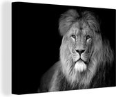 Canvas Schilderij Een leeuw weergegeven op een zwarte achtergrond - zwart wit - 120x80 cm - Wanddecoratie
