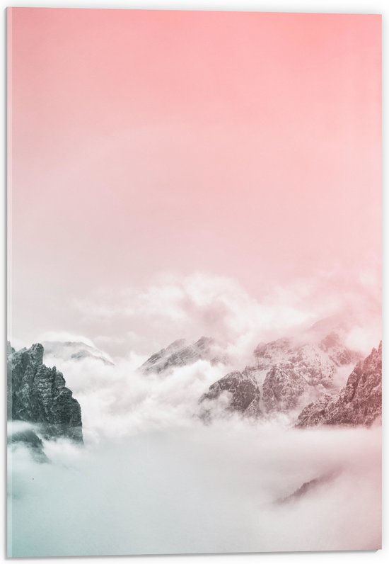 WallClassics - Acrylglas - Roze Lucht boven Wolken en Bergen - 40x60 cm Foto op Acrylglas (Wanddecoratie op Acrylaat)