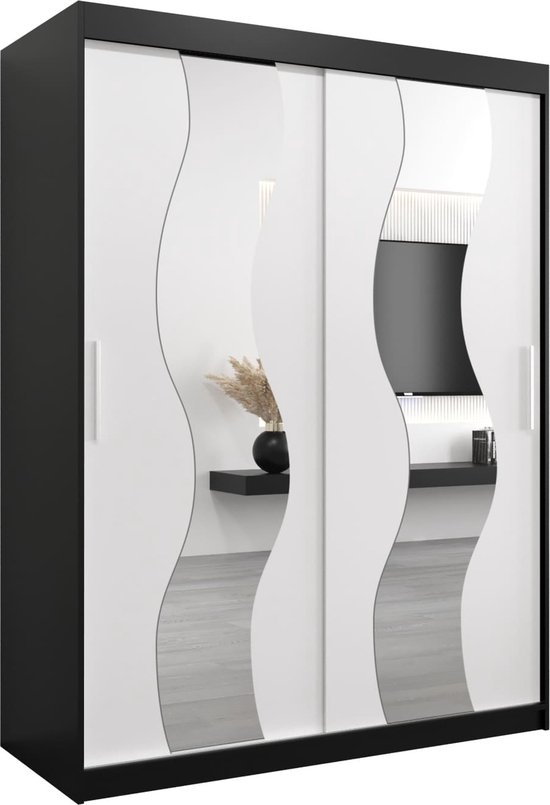 InspireMe - Kledingkast met 2 schuifdeuren, Modern-stijl, Een kledingkast met planken en een spiegel (BxHxD): 150x200x62 - REESE 150 Zwart Mat + Wit Mat