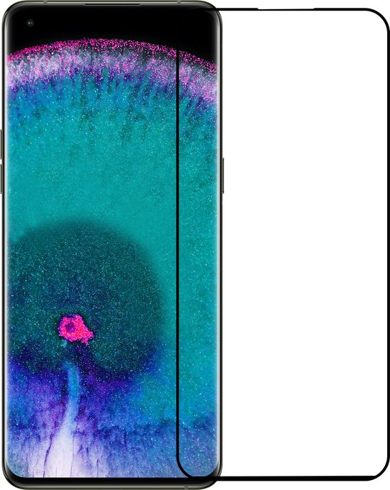 Een Nomfy screenprotector van gehard glas met zwarte randen, liggend naast een telefoon met een kleurrijk behang.